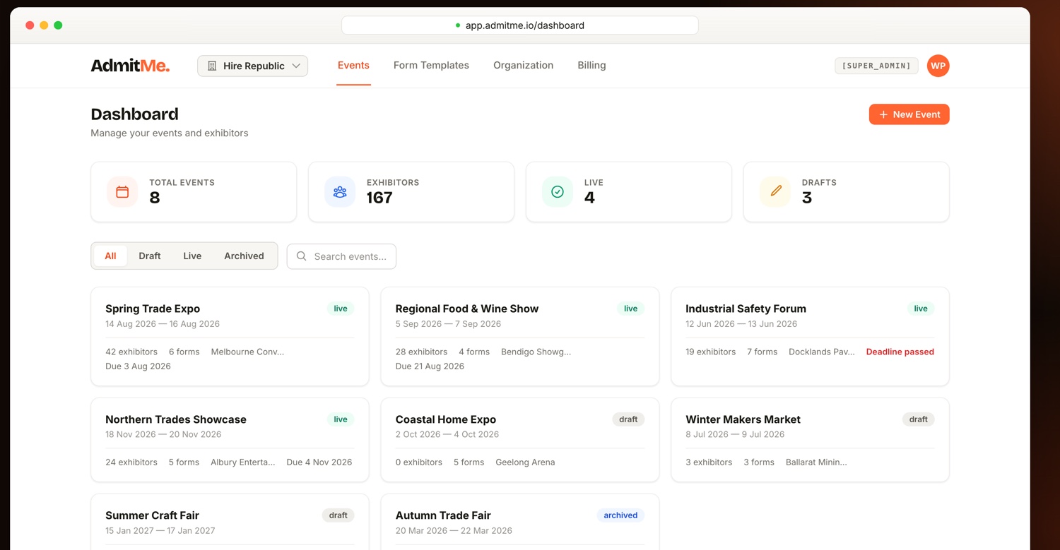 The events console listing eight events across live, draft and archived, each with
                exhibitor and form counts and its form deadline